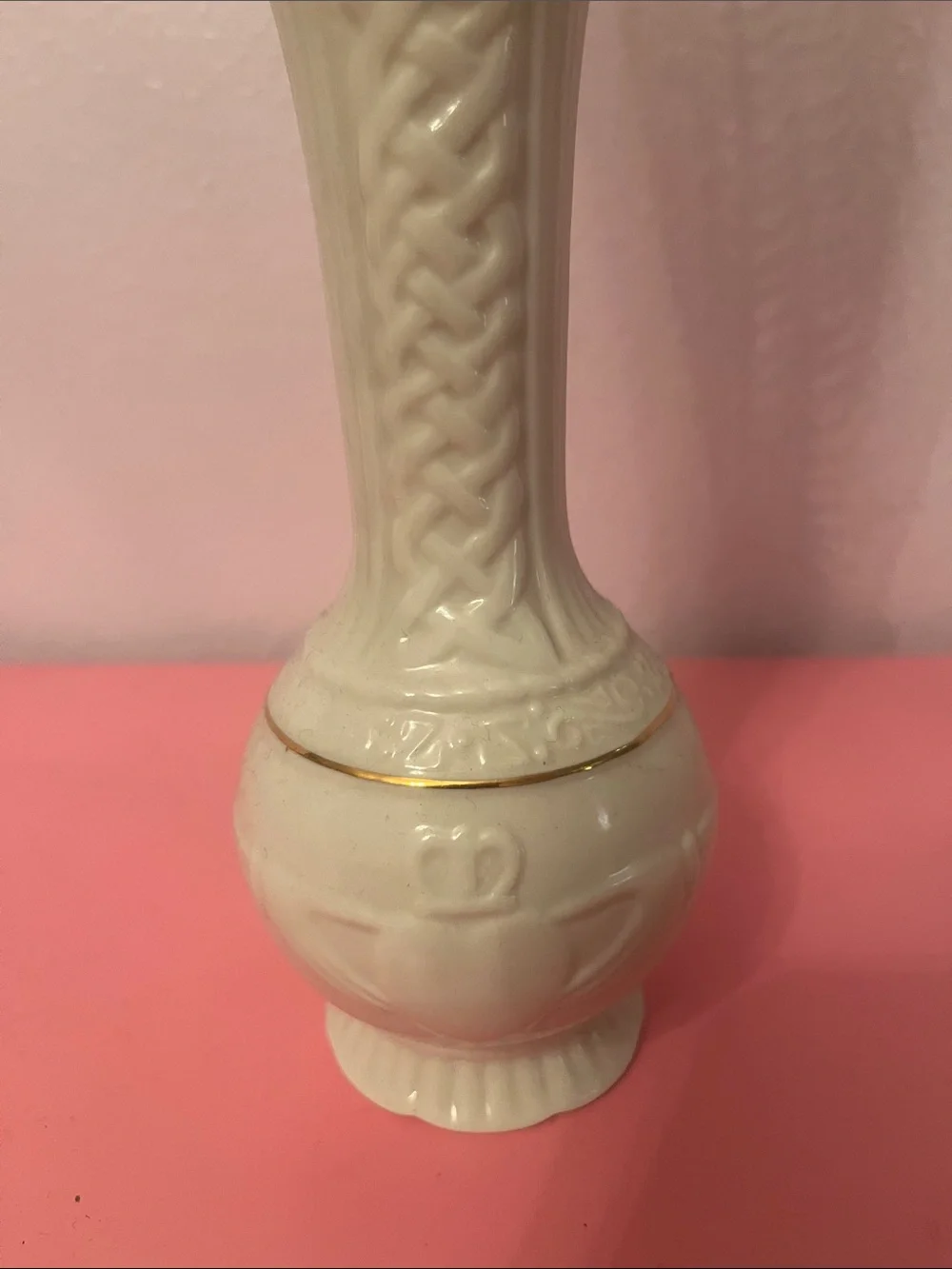 Belleek Cream Ceramic Bud Vase with Gold Trim